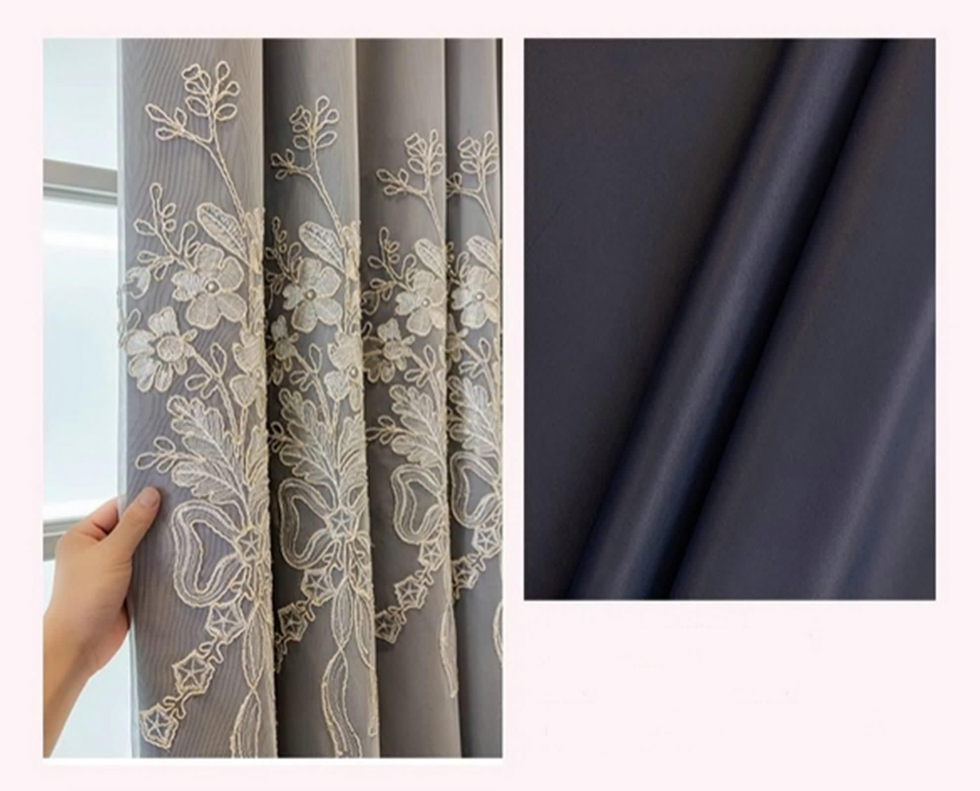 Rideau Anniversaire, Rideaux Chambre Double Couche avec Broderies Florales Polyester Bleu Cyan Occultant 132L x 244H CM Lot de 2