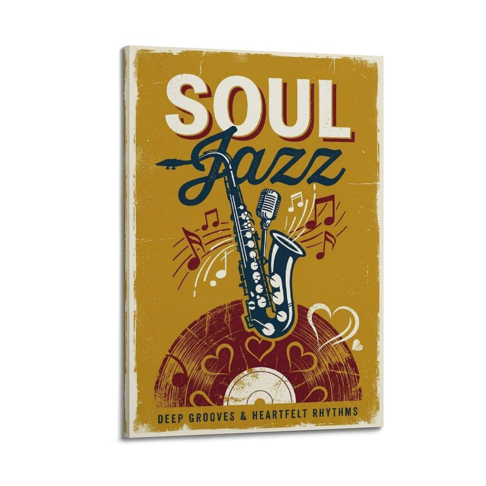 OKNGB Musikposter mit Saxophon und Vinyl-Schallplatten-Poster, Motiv: Soul, Jazz, Vintage-Stil, dekoratives Gemälde, Leinwand, Wandposter und Kunstdruck, moderne Familienschlafzimmer-Dekoration