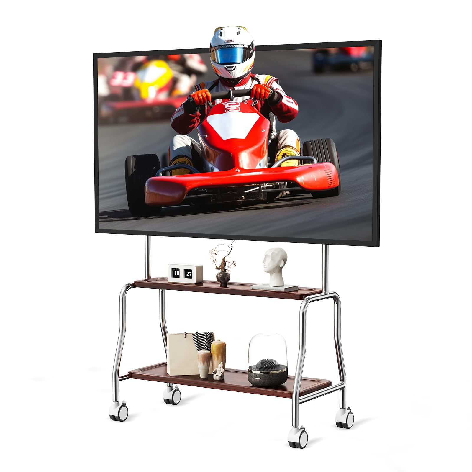 TV Ständer Rollbar für 32-75 Zoll Plasma/LCD/LED Fernseher, Mobiler TV-Ständer mit Doppelten Tablett und Lochplatte, Geeignet für Geschäfte, Wohnungen, Büros, Tragkraft 50 kg Max VESA: 600 * 400mm