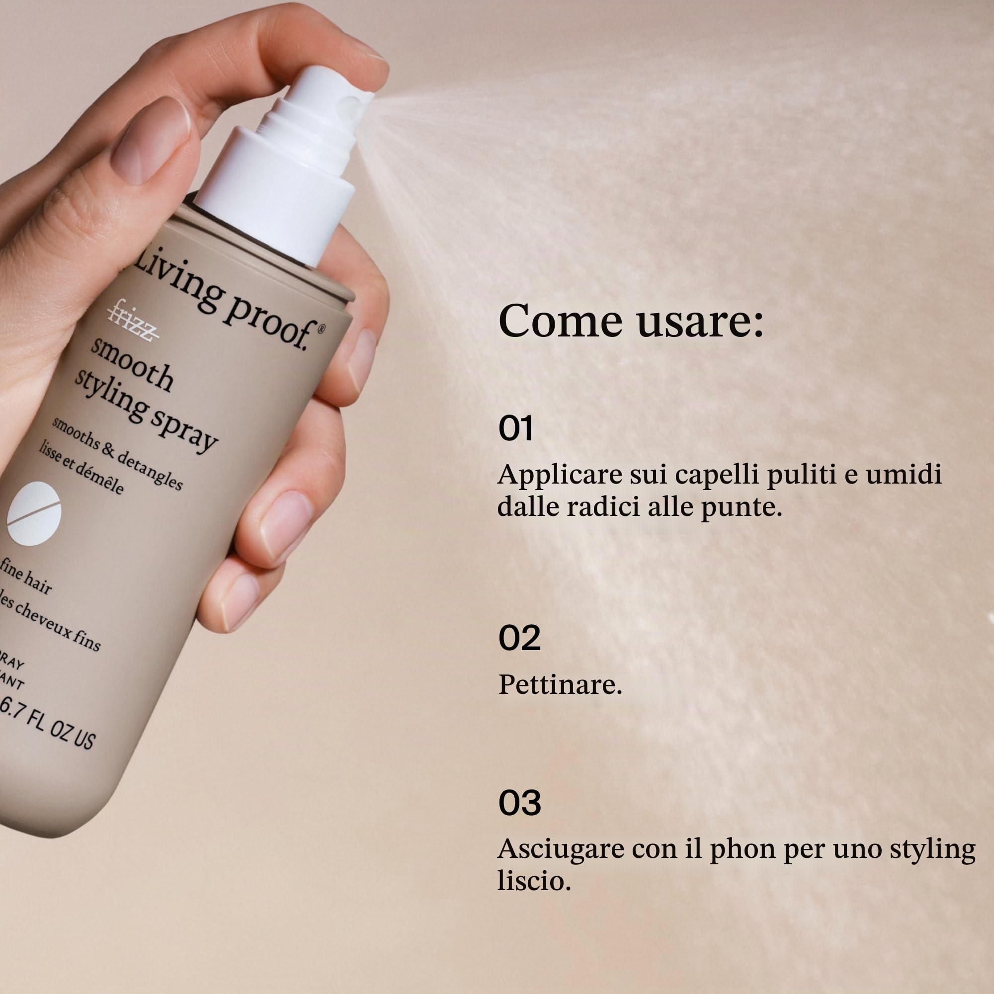 Living Proof No Frizz Smooth Styling Spray – Spray anti-crespo senza siliconi, dona brillantezza, morbidezza ai capelli e protegge dal calore durante lo styling