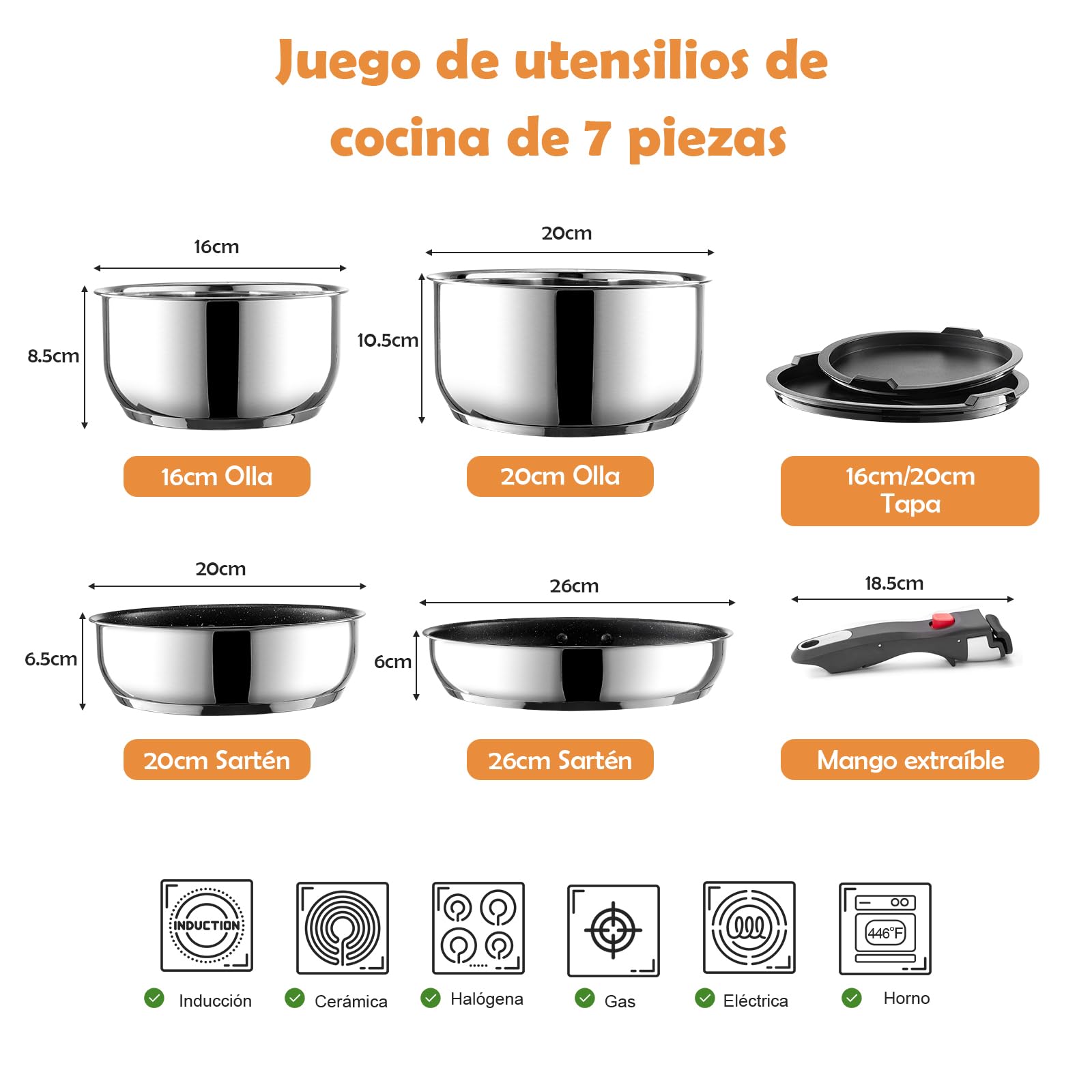 Juego de Ollas y Sartenes 7 Piezas, Ollas acero Inoxidable, sin PFAS | Mango Desmontable, Sartén sartenes antiadherentes 20/26 cm, 2×Cacerola 16/20 cm, Tapas, para Inducción y Todas las Cocinas
