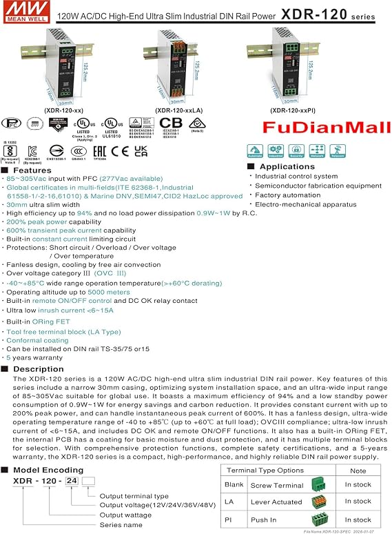 Mean Well XDR-120-36 120W AC/DC High-End Ultra Slim Industrial DIN Rail Power Supply 36V 3.33A