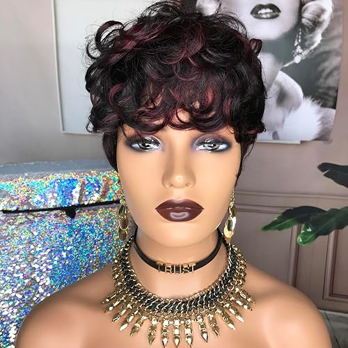 Miniatura 2 de HOTKIS Pelucas cortas y rizadas de cabello humano para mujeres negras, Highligh1B99J, peluca de cabello humano corto de cabello humano para mujeres,