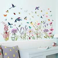 Vista 6 de Calcomanías de flores de primavera, crisantemos, lirio de lavanda, pájaros, mariposas, libélulas, mariquitas, calcomanías de pared florales