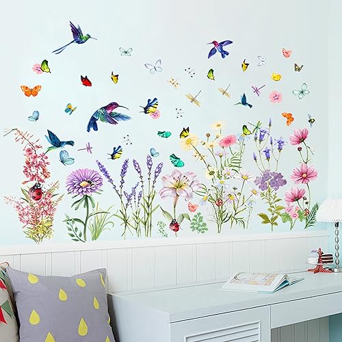 Miniatura 14 de Calcomanías de flores de primavera, crisantemos, lirio, pájaros, mariposas, libélulas, mariquitas, calcomanías de pared florales, calcomanías