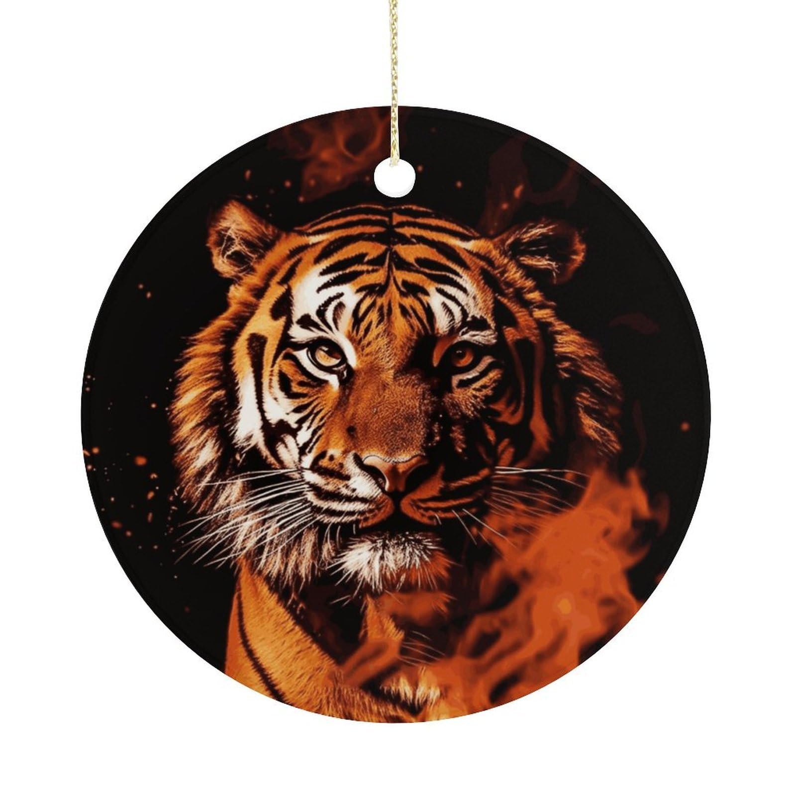Tiger in Fire Christmas Ornaments Colorful Round Ceramic Ornament Christmas Hanging Decor Christmas Tree Decorations Xmas Keepsake for Women Men Xmas Holiday Party