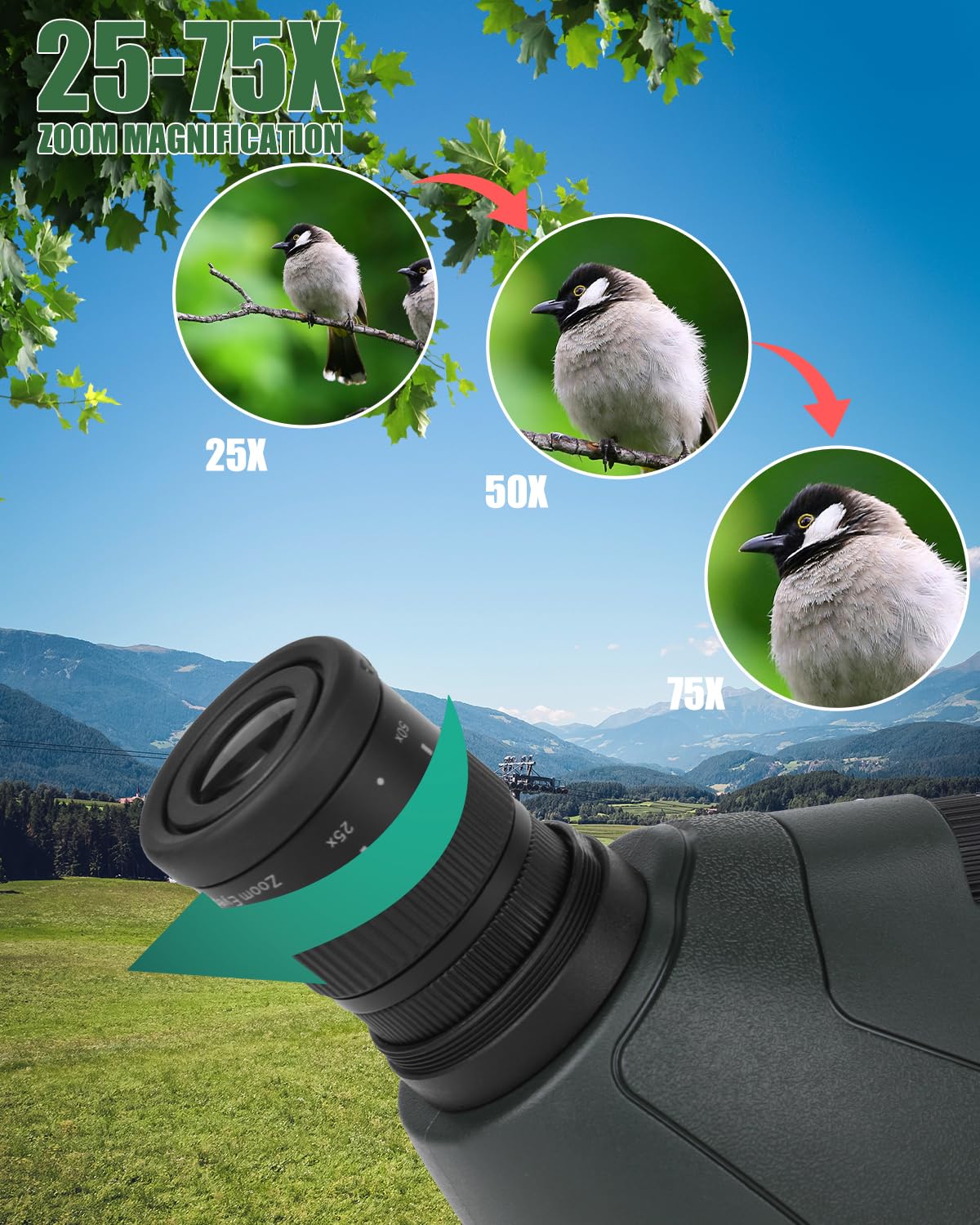 Telescopio ultra HD 25-75X60, doble enfoque ED, lente FMC impermeable, prisma BAK4 con estuche de transporte, trípode para tiro al objetivo, caza, observación de aves, paisajes de vida silvestre