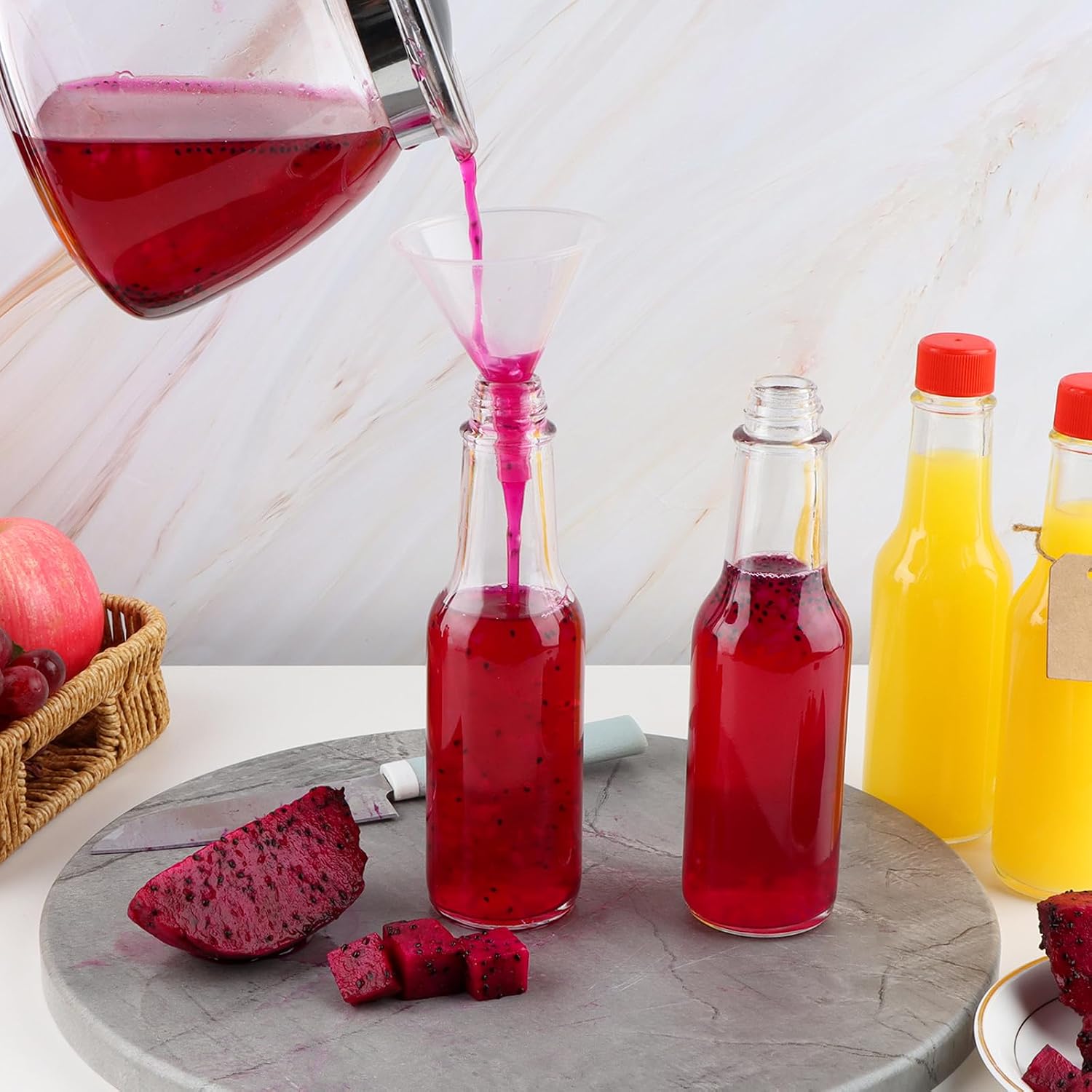 GUANENA 35 Pack 5oz Hot Sauce Bottles, Clear Glass Woozy Bottles with Leak Proof Red Screw Caps, Dripper Inserts and Shrink Capsules, Empty Small Wine Bottles with Labels (Bonus Funnel and Twine) image 4