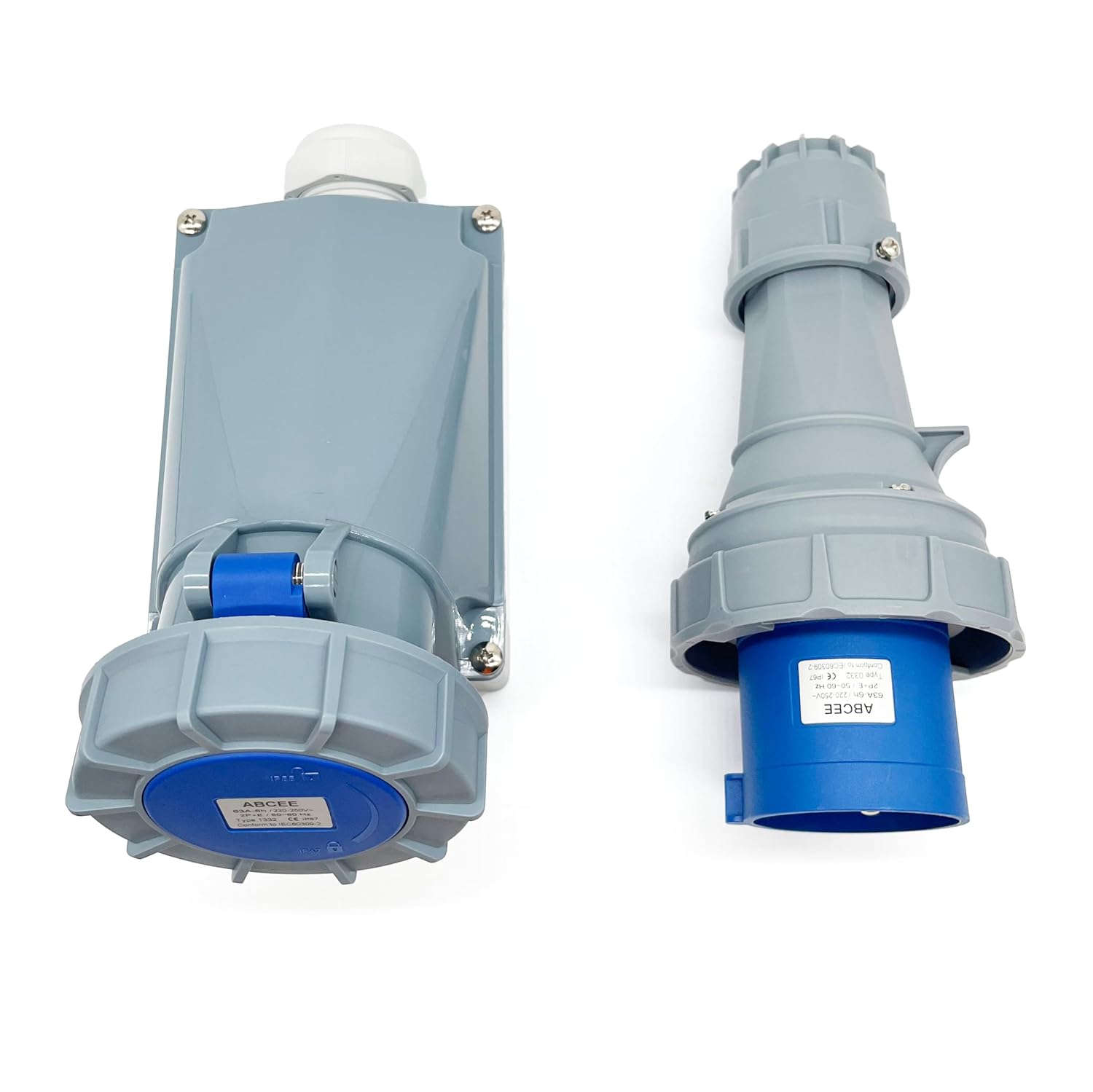63A 3Pin Male+Surface-Mounted Receptacle Connector(Compatible with 60amp), IP67 Industrial Waterproof Connector Plug & Socket,Wall Mounted Plug(1Set),IEC60309 220V-250V 2P+E 6H