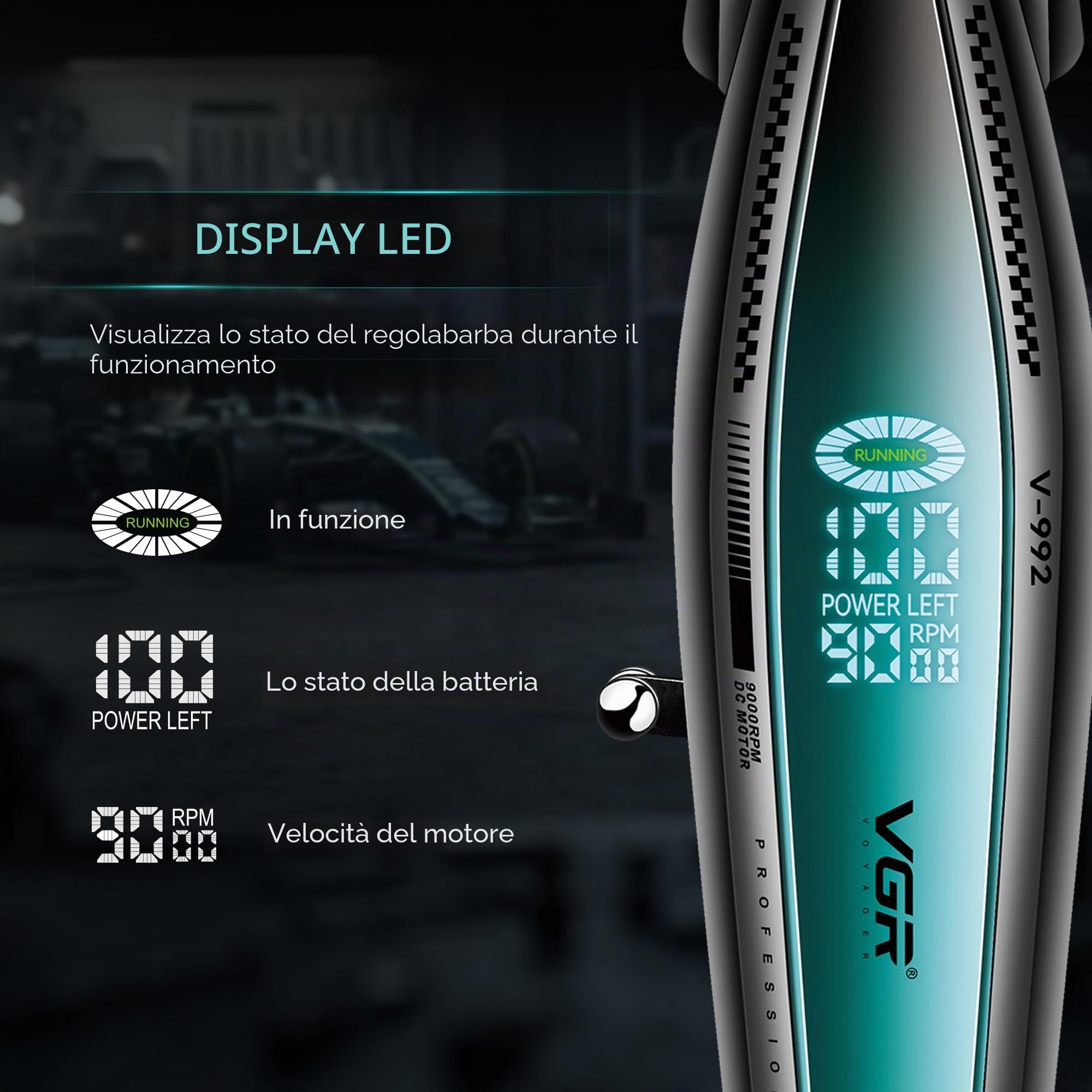 VGR Regolabarba professionale da uomo, motore elettrico DC 9000 giri/min, lama DLC T di precisione, batteria ricaricabile USB-C senza fili, batteria da 240 minuti con dock, dettaglio capelli da