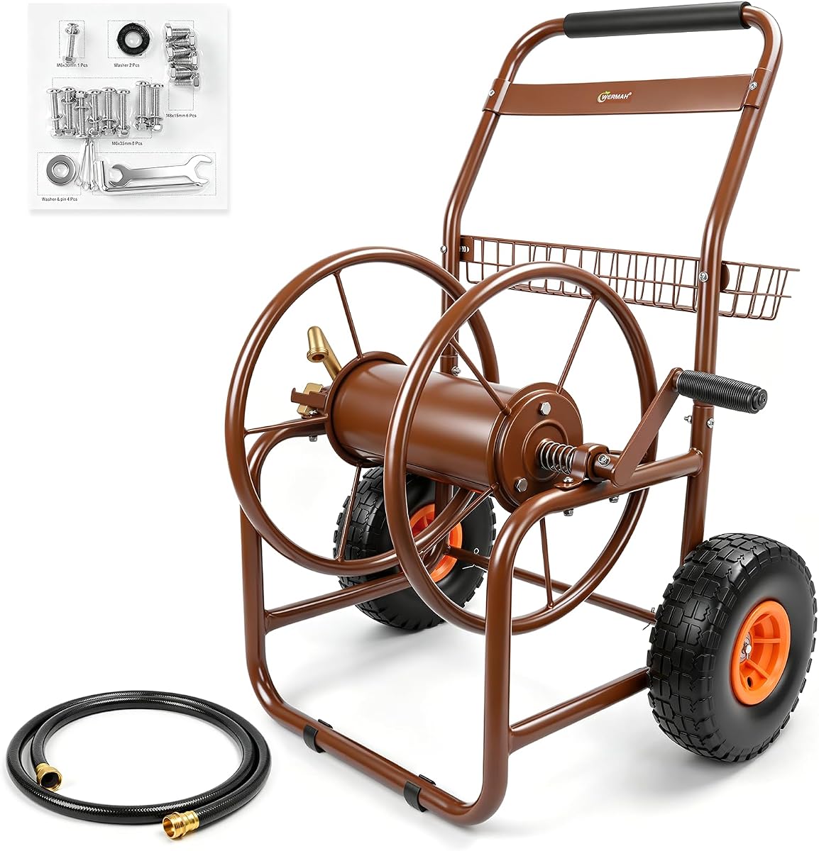 WERMAH Carro de carrete para manguera de jardín, metal resistente con 2 ruedas, capacidad para 230 pies 5/8" | Carrete de manguera de agua para exterior, césped, patio; conector de latón, sin fugas, acero resistente, resistente al óxido. Fácil de enrollar y almacenar