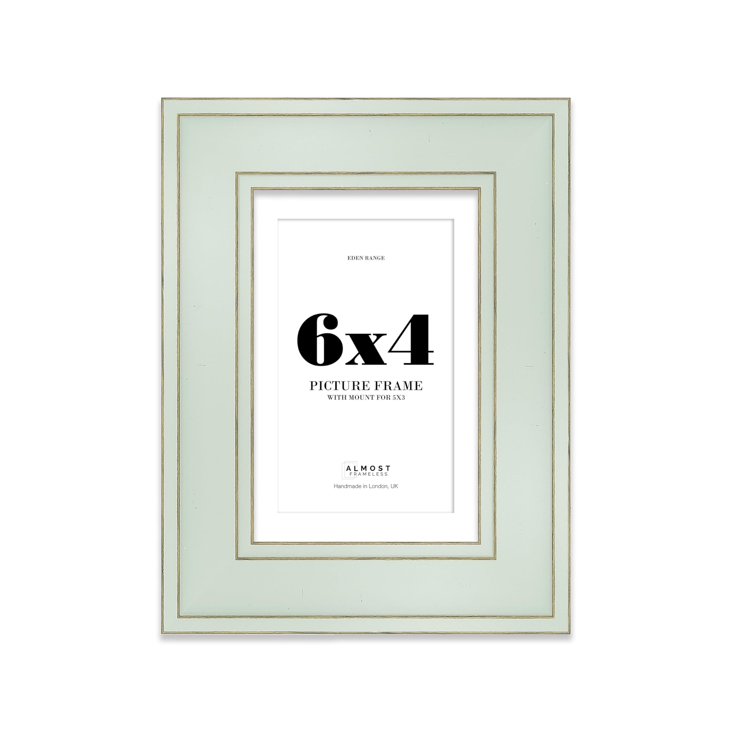6x4" Sage Green Picture Frame with 5x3" Mount - Shabby Chic Photo Frame with Distressed Finish, Gold Trim, Wall Hooks and Kickstand, 37mm Edge - 1 Pack