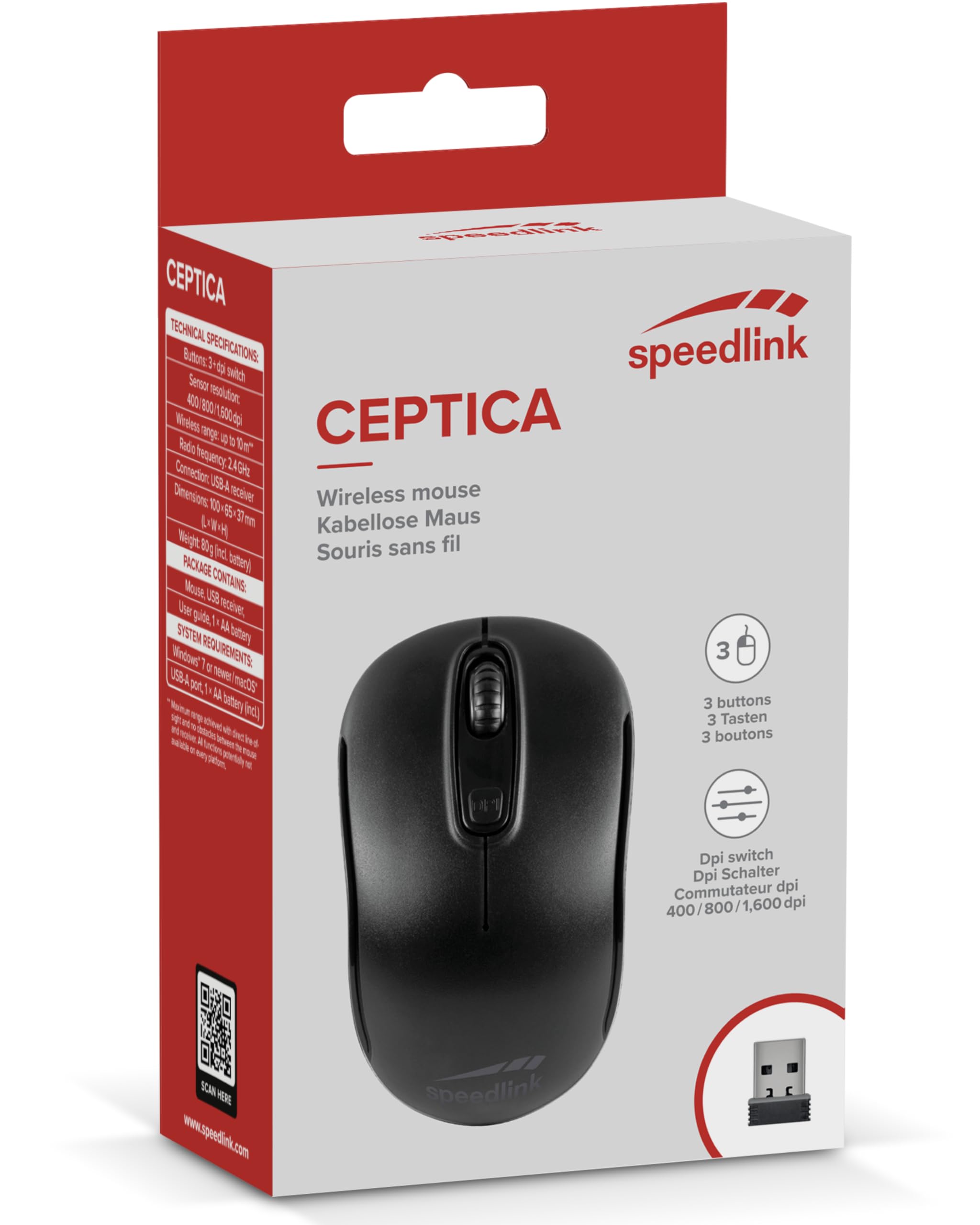 Speedlink CEPTICA Wireless - piccolo mouse senza fili per pc portatile e PC, notebook, laptop, Compatto e Leggero, ricevitore nano USB 2.4G, selettore dpi fino a 1600 dpi, nero