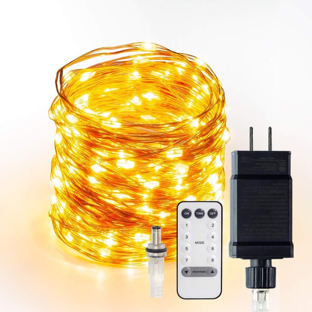 XINKAITE LED String Lights 66ft 200 LEDs Fairy Lights Plug in Extendable Waterproof Dimmable Outdoor/Indoor Starry Lights, Warm White Copper Wire String Lights with Remote for Wedding Garden Room
