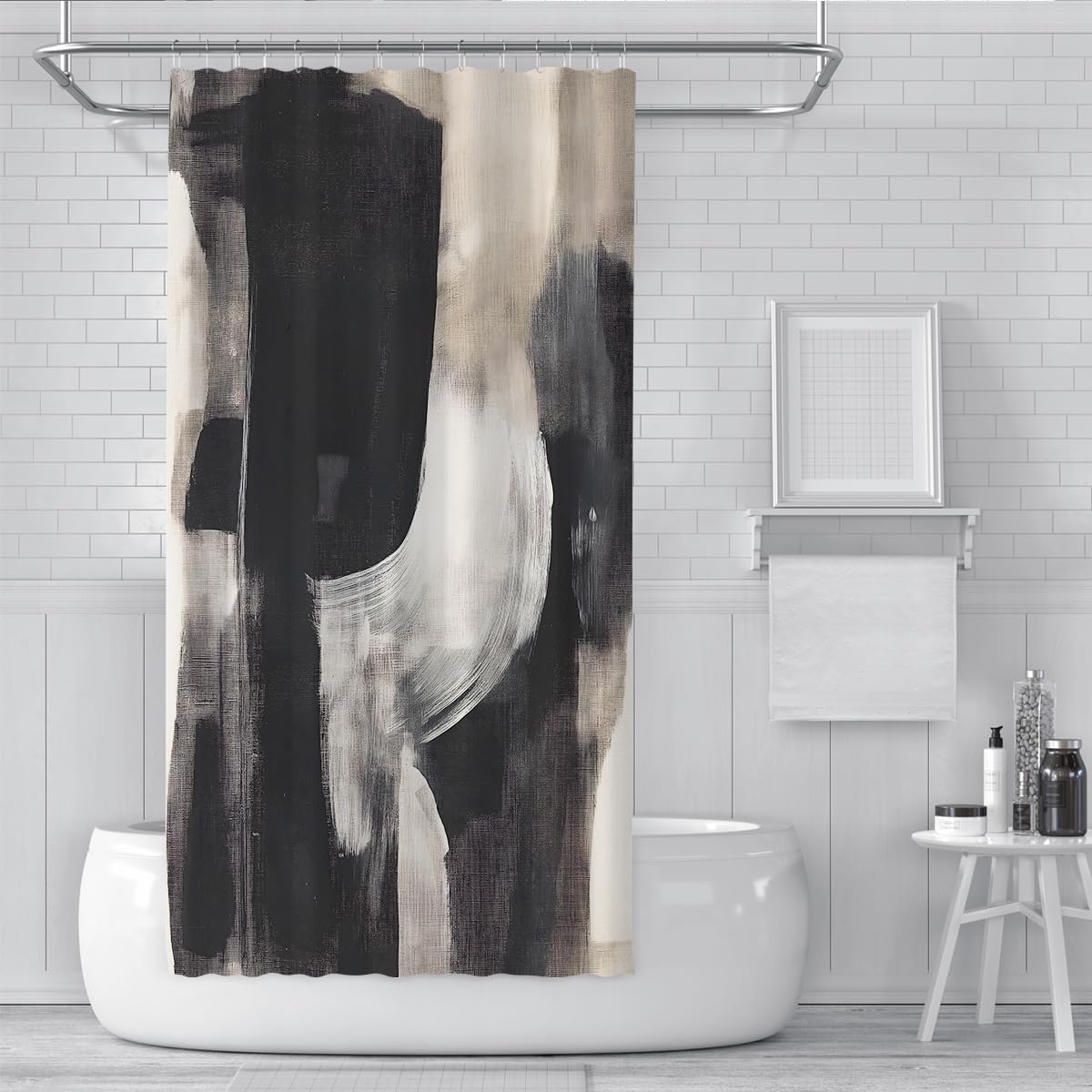 Cortina de ducha Retro de mediados de siglo Expresionismo Abstracto cortinas de ducha Con ganchos zmywalne w máquina Decoración de baño de secado rápido Negra y Szary 150 x 200 cm