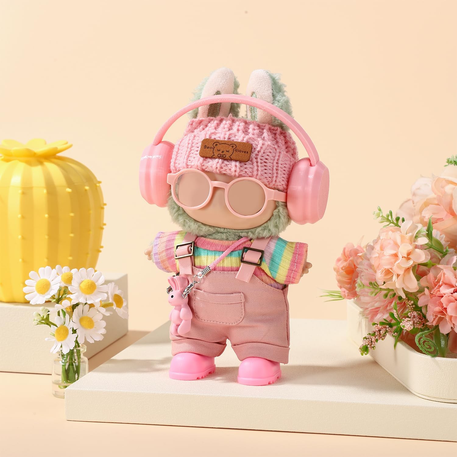 7pcs Doll Clothes Set, Adorable Rainbow Top Clothes Pants Headphones Glasses Bag Hat and Shoes Fashion Doll Outfit Set for Dressing & Displaying