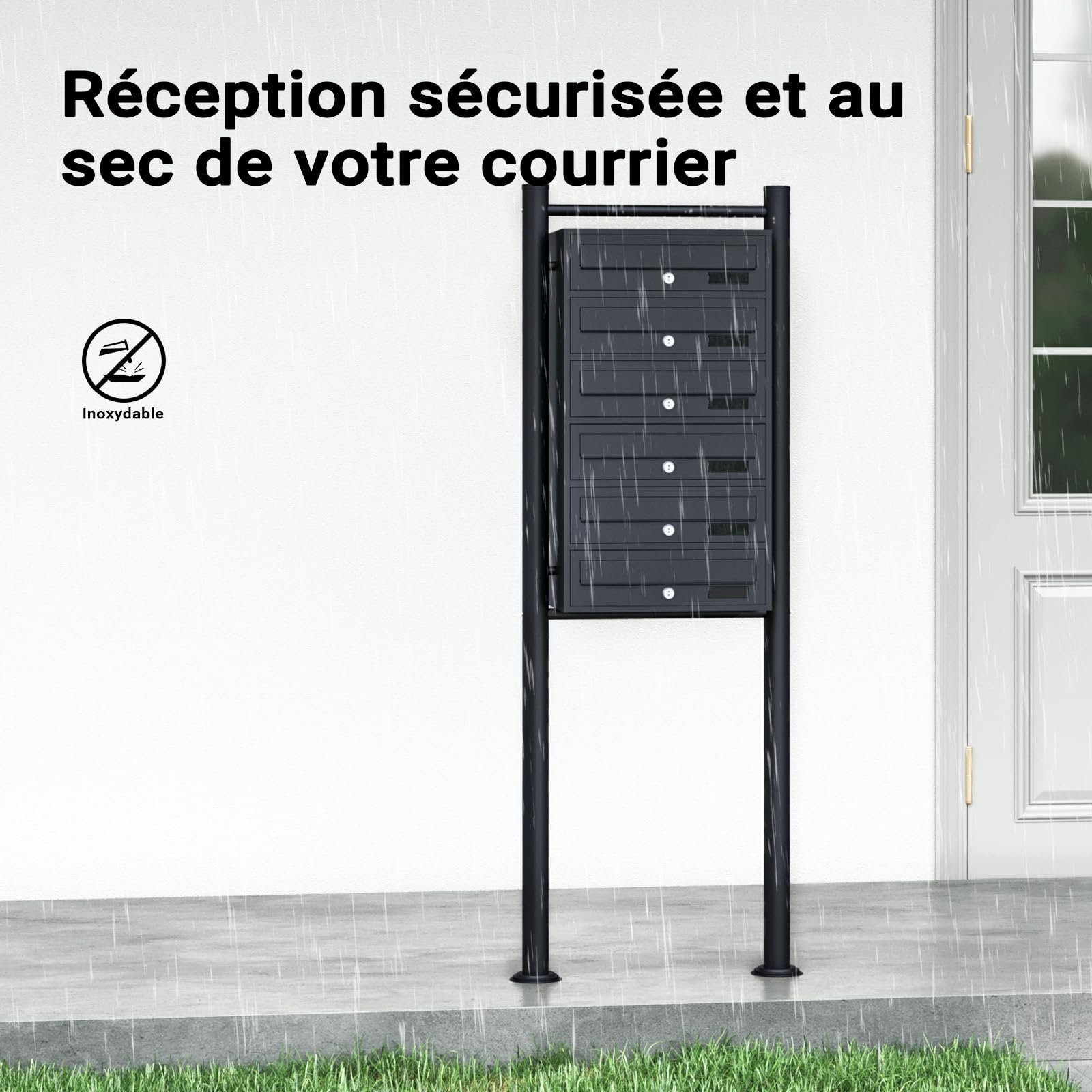 Wiltec Boîte aux Lettres sur Pieds Noire 556 x 270 x 1500 mm, avec 6 Compartiments verrouillables et Porte-nom, Revêtement en Poudre, pour Courrier