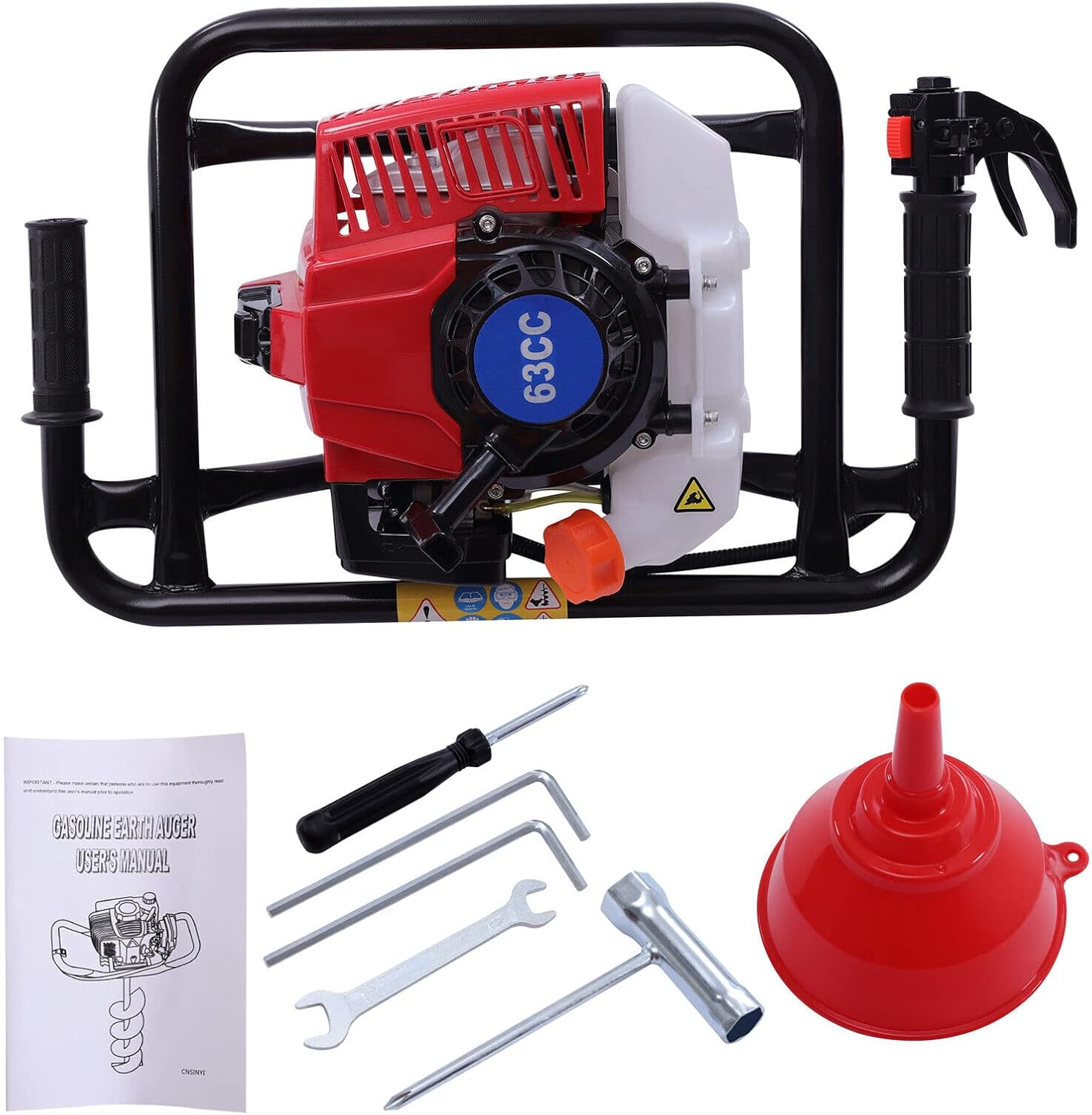 V-Type 63CC 2 Stroke 3HP Gas Post Hole Digger,2.2KW Single Leaf Earth Burrowing Drilling with 12" Bit Set,Plant Fence One Man Auger with Auger Bit for Garden & Lawn