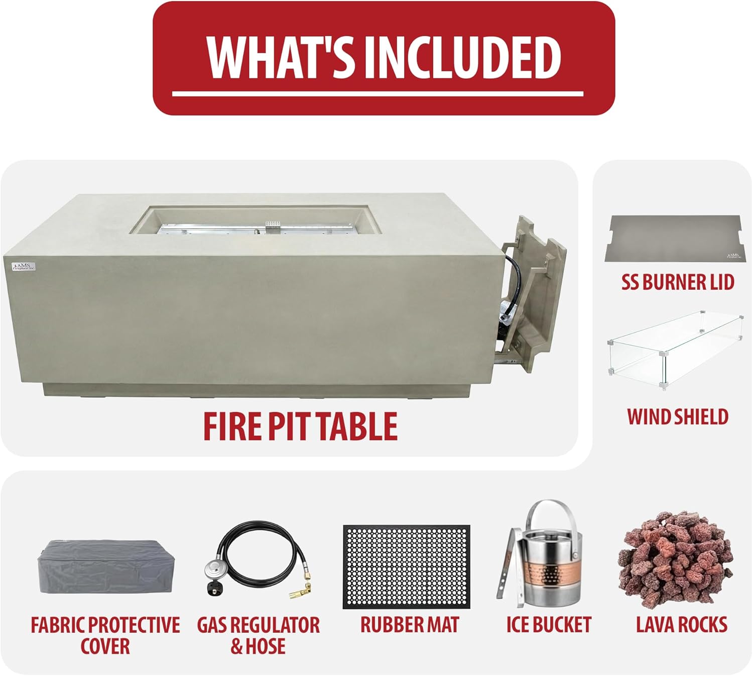 AMS Fireplace Genuine Concrete Rectangular Propane Fire Pit Table for Outside Patio (66" Sedona) | Hidden Tank Drawer & Electronic Ignition | Bundle w/Wind Guard, Burner Lid & Cover (Light Gray)