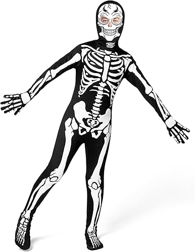 Miniatura 5 de Spooktacular Creations Disfraz de esqueleto para niños, body con capucha de esqueleto negro que brilla en la oscuridad para niños y niñas