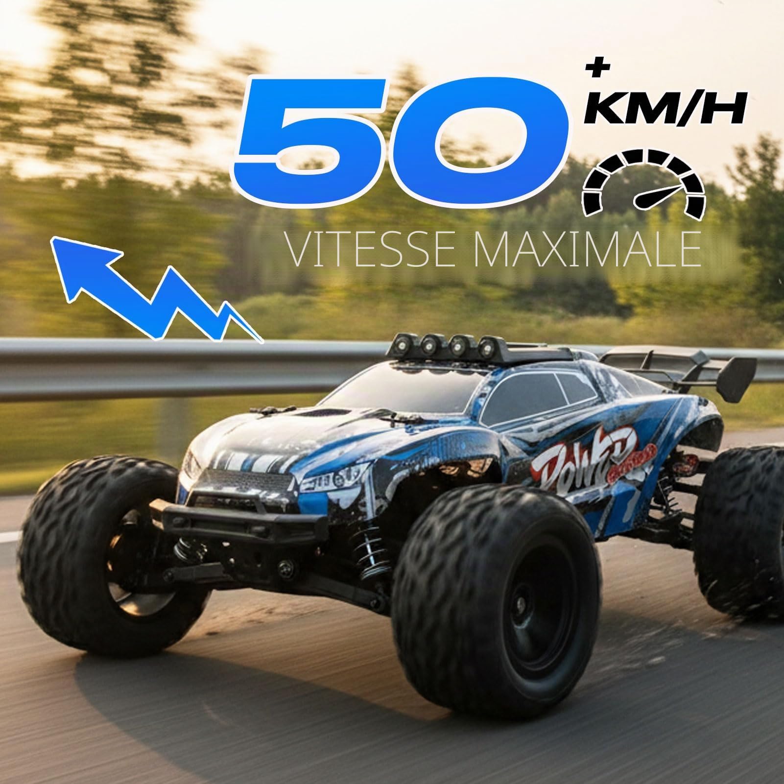 Voiture RC 1:8 50 km/h Buggy Tout Terrain Haute Vitesse | Moteur RC550, 2 batteries 7,4V 2600mAh, contrôle proportionnel 2,4G, éclairage LED, véhicule télécommandé pour adultes