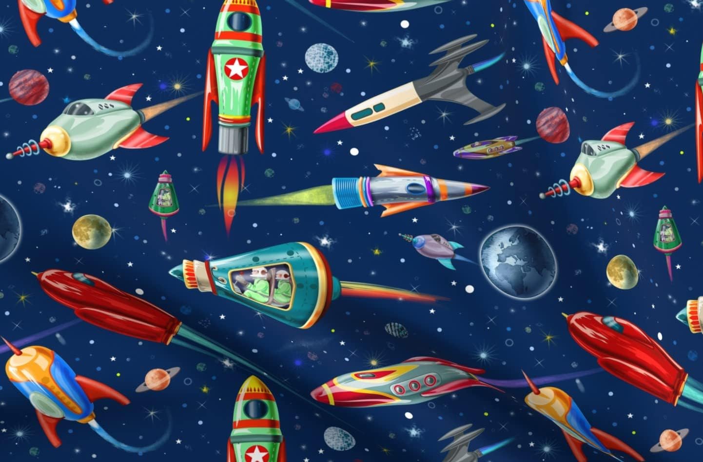 Spoonflower Fabric - Rocket Astronaut Spaceship Space Vintage Blue Stars Galaxy Nursery Printed on Petal Signature Cotton Fabric Fat Quarter - Sewing Quilting Apparel Crafts Decor