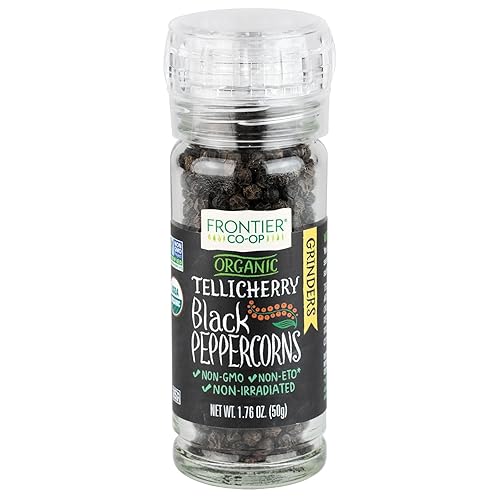 Frontier Organic Tellicherry - Granos de pimienta negra con molinillo, 1.76 onzas