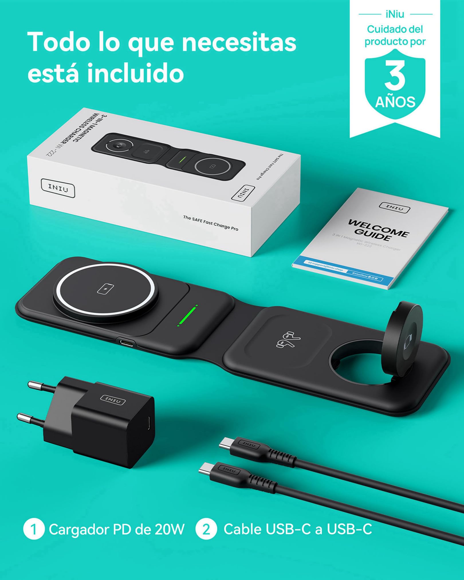 INIU Cargador Inalambrico 3 en 1 de Viajar, Base de Carga Magnetic 15W Carga Rapida para iPhone 16 15 Pro MAX 14 13 12 y Apple Watch Series 9 8 7 6 5 4 3 SE Ultra, AirPods Pro 4 3 Pro 2 ECC.