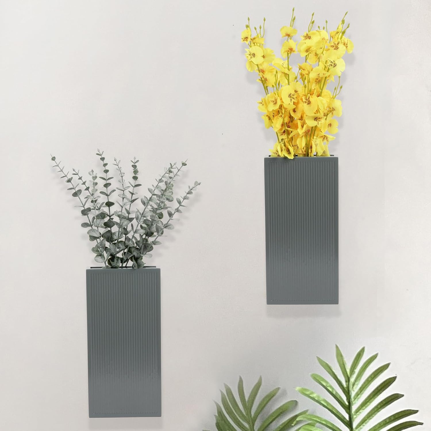 Wood Wall Planter Set of 2, Modern Wall Hanging Decor Pocket Planter for Greenery and Dried Flowers, Indoor Wood Hanging Vase (Gray)