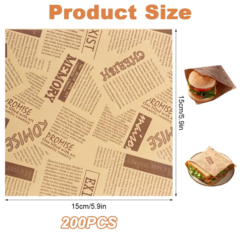 200 sztuk papierowych torebek do burgerów, burgerów, kanapek, 150 x 150 mm, stary styl druku gazet, torebki spożywcze na burgery, przekąski, frytki