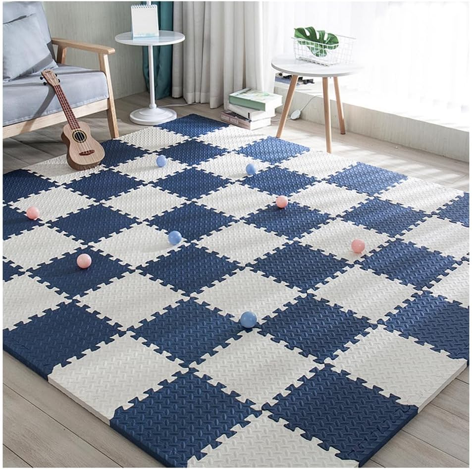 50Pcs Non-Slip EVA Interlocking Foam Tiles, 12×12 in Exercise Mat, 0.4 in Thick, DIY Cuttable Puzzle Floor Mats for Home Gym & Classroom, White & Navy Blue