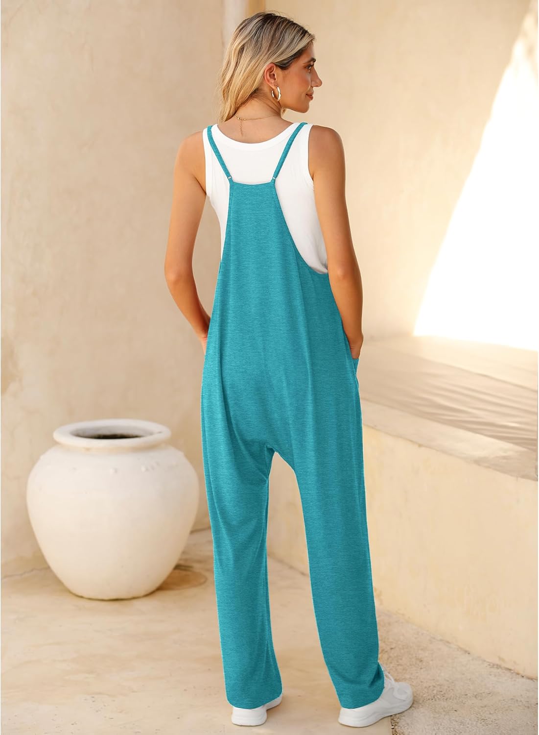 LILBETTER Women's Loose Casual V Neck Sleeveless Jumpsuits Adjustable Spaghetti Straps Long Pants Overalls With Pockets - Image 3