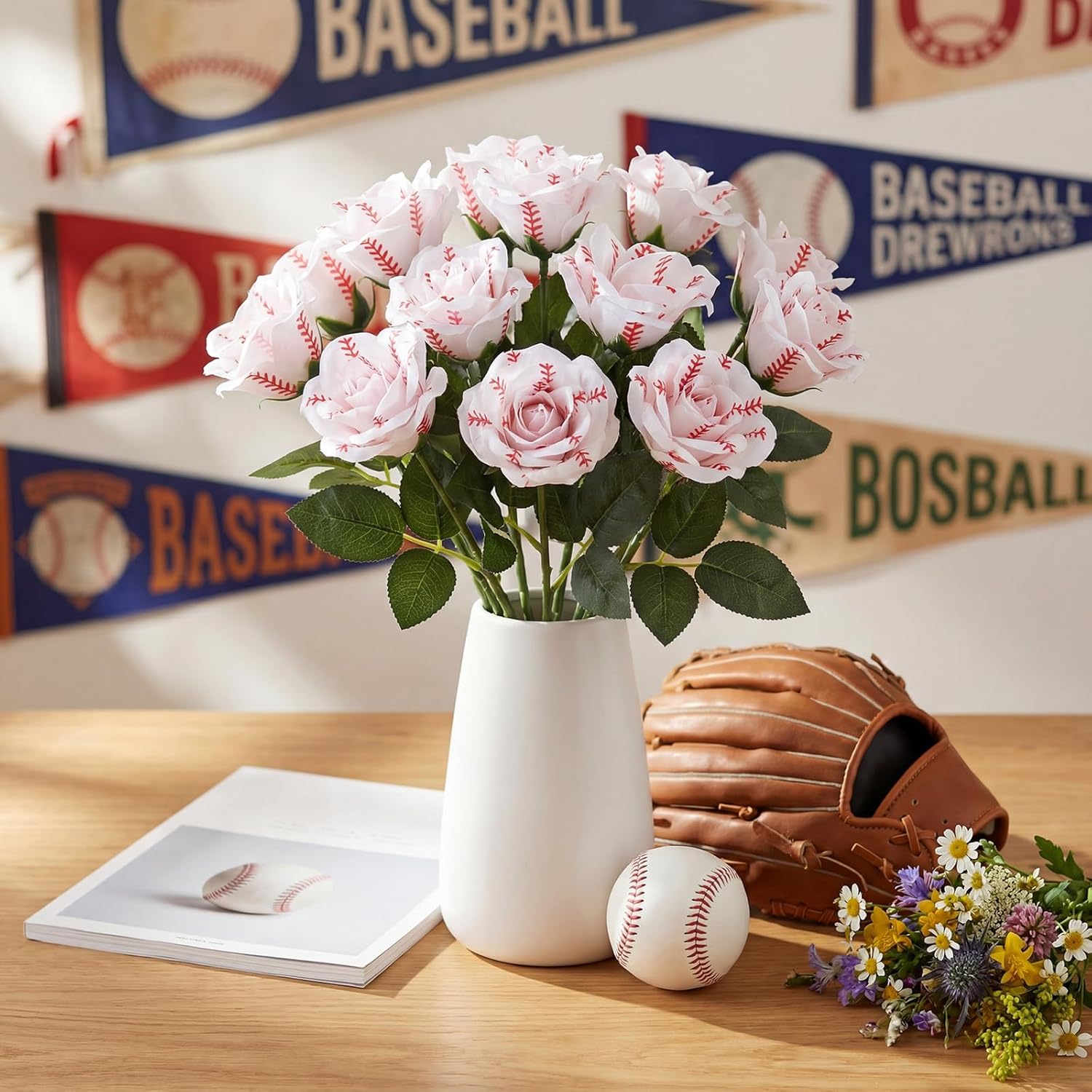 Suhine 6 Pcs Artificial Baseball Rose Flowers Sports Party Favors Bulk for Birthday Graduation Wedding Party Decorations Table Centerpieces Game Prizes Senior Night Gifts(Baseball Color, Normal)