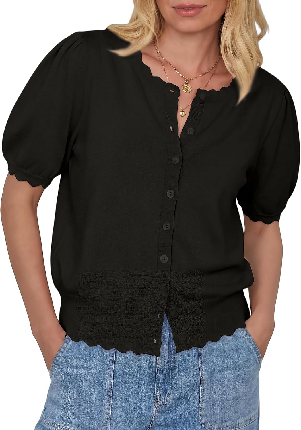 Cardigan Sweaters for Women Short Sleeve Knit Tops Scalloped Crewneck Puff Sleeves Button Up Cardigan 2026