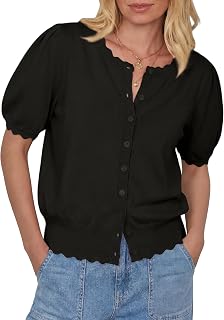 Cardigan Sweaters for Women Short Sleeve Knit Tops Scalloped Crewneck Puff Sleeves Button Up Cardigan 2026