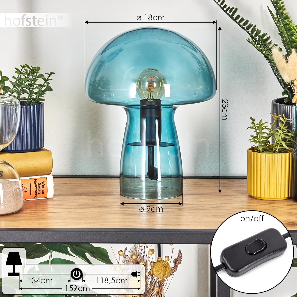 HOFSTEIN Tischleuchte Almagre, Tischlampe aus Metall/Glas in Schwarz/Blau, Leuchte im modernen Vintage/Retro-Design mit Schirm aus Glas, Ø 18cm, An/-Auschalter am Kabel, E14, Wohnzimmer, Schlafzimmer