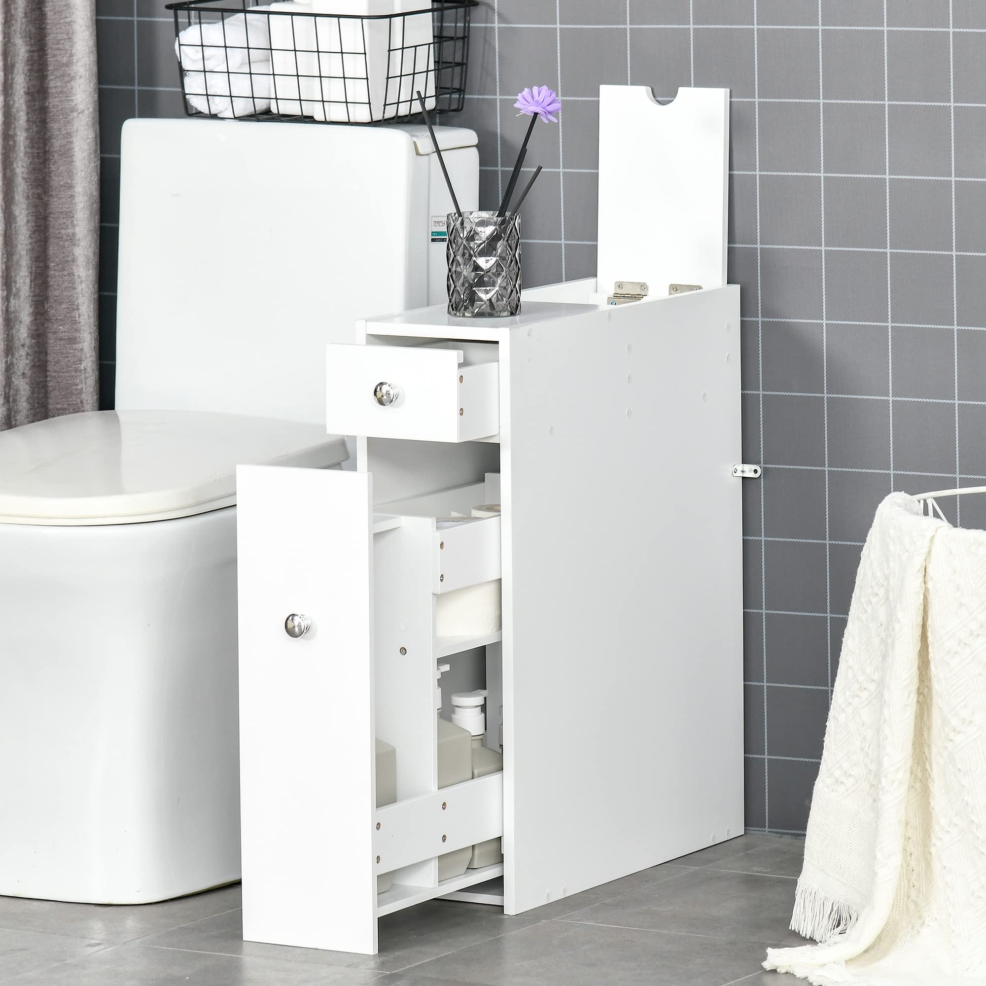 HOMCOM Armario Auxiliar de Baño Mueble de Baño Estrecho con 2 Cajones y Compartimiento Superior con Tapa para Lavabo Ducha 17x48x58 cm Blanco