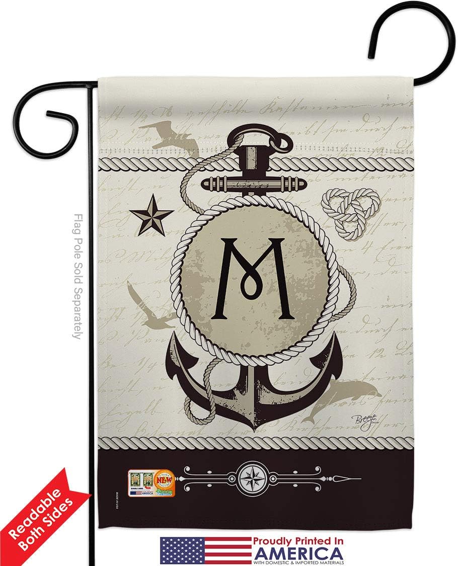 Nautical M Initial Garden Flag Set with Stand Monogram Coastal Anchor Sailor Sea Shells Outdoor Summer Ocean Small Decorative Gift Yard House Banner Double-Sided Made In USA 13 X 18.5