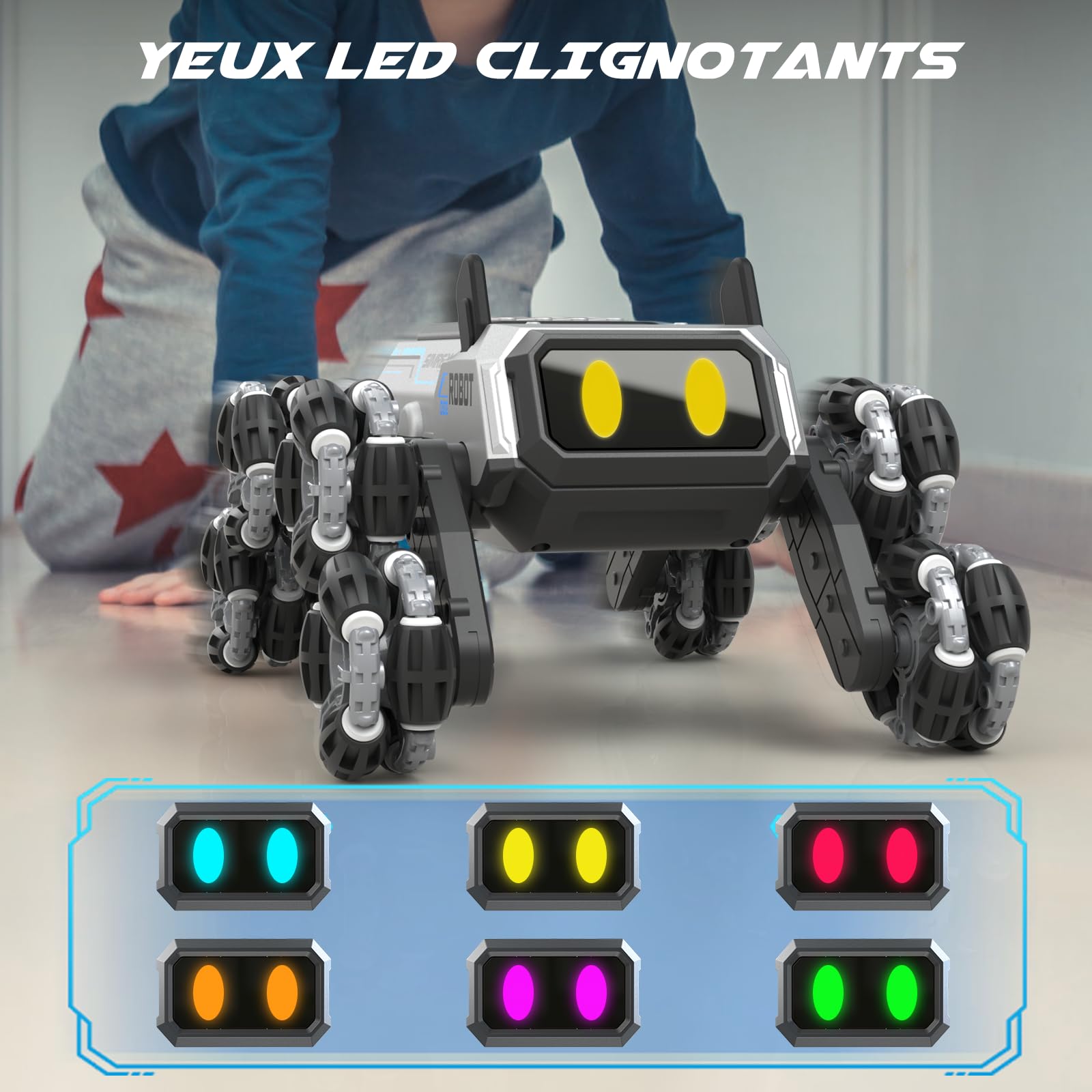 SIMREX Chien Robot télécommandé 6+ Ans, Voiture RC cascadeuse à Yeux LED et Commande gestuelle. Cadeau Anniversaire Filles/garçons. Robot interactif à Roues Mecanum et 3 Sons, argenté