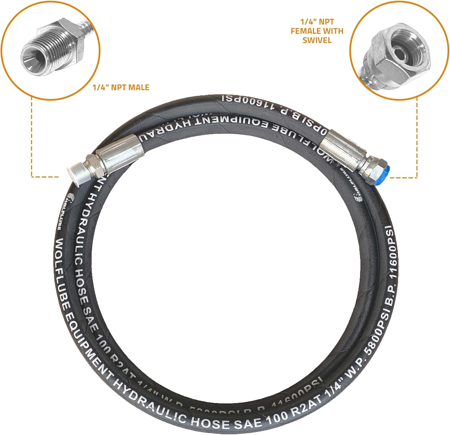 Hydraulic Grease Hose - 1/4 inch SAE 100R2AT with Double Steel Wire Reinforcement - 10 feet Long with 1/4in NPT Male Fitting and Female with Swivel