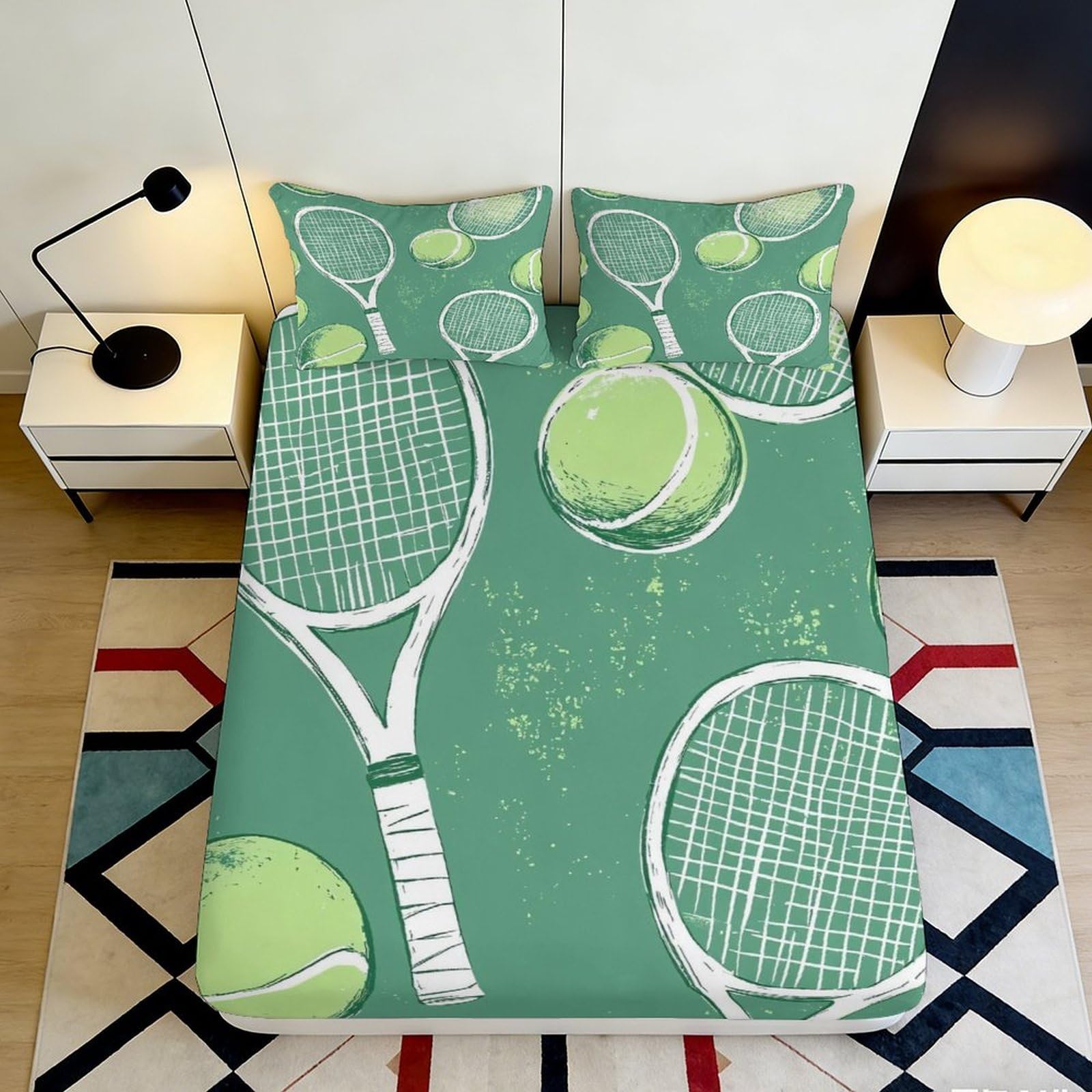 Jqzkxnhpbr Style-5 3D Printed Tennis Racket Fitted Sheet Microfiber Soft Green Tennis Ball Mattress Cover For Bedroom Dorm Decor 90X200x25cm