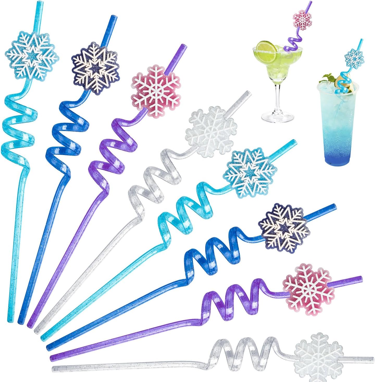 24 PCS Reusable Snowflake Straw Set, Drinking Plastic Snowflake Straws with 2 Cleaning Brushes for Christmas, Winter Parties, Themed Birthdays, Wedding Decor