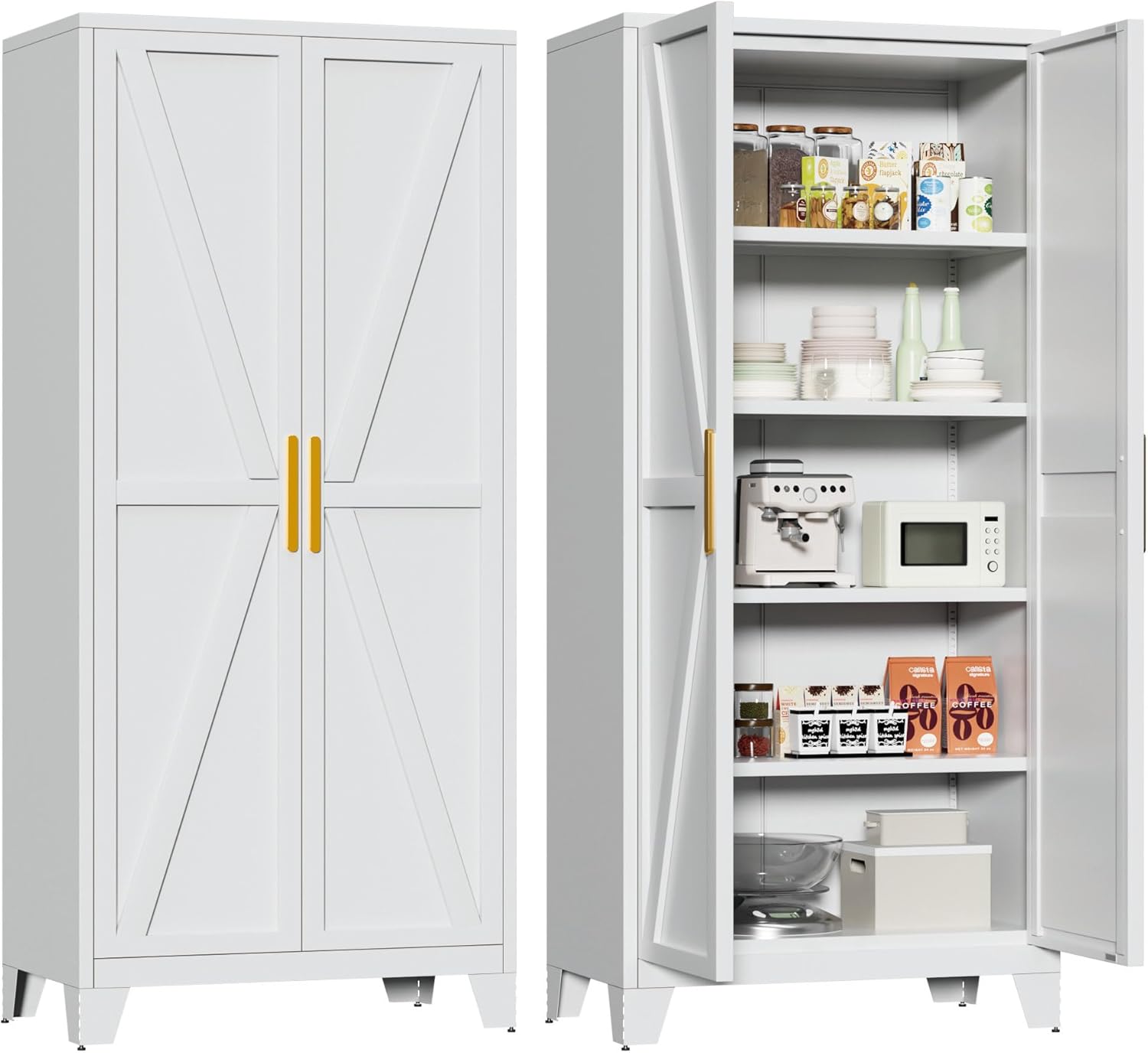 71" Kitchen Pantry Cabinet, Metal Storage Cabinet with 2 Doors and 4 Adjustable Shelves, Farmhouse Tall Metal Pantries Cabinets Storage for Kitchen, Home Office