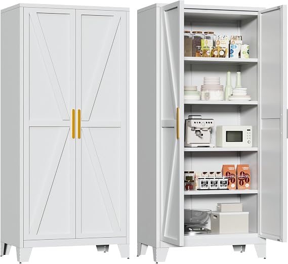 71" Kitchen Pantry Cabinet, Metal Storage Cabinet with 2 Doors and 4 Adjustable Shelves, Farmhouse Tall Metal Pantries Cabinets Storage for Kitchen, Home Office, Living Room, Laundry