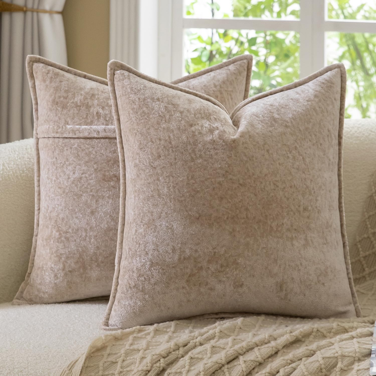 Madizz Decorative Vintage Chenille Cushion Covers Pack of 2 Plaid Couch Pillows Neutral Boho Farmhouse Euro Sham Covers Home Decor for Couch Sofa Bedroom Living Room 60x60 CM, Taupe