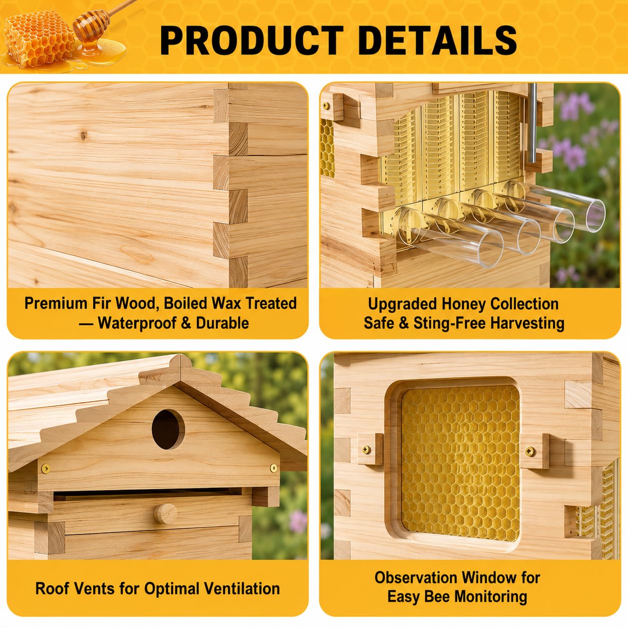 Kit ruche à flux vertical, ruche en bois, 4 cadres et 6 plateaux en nid