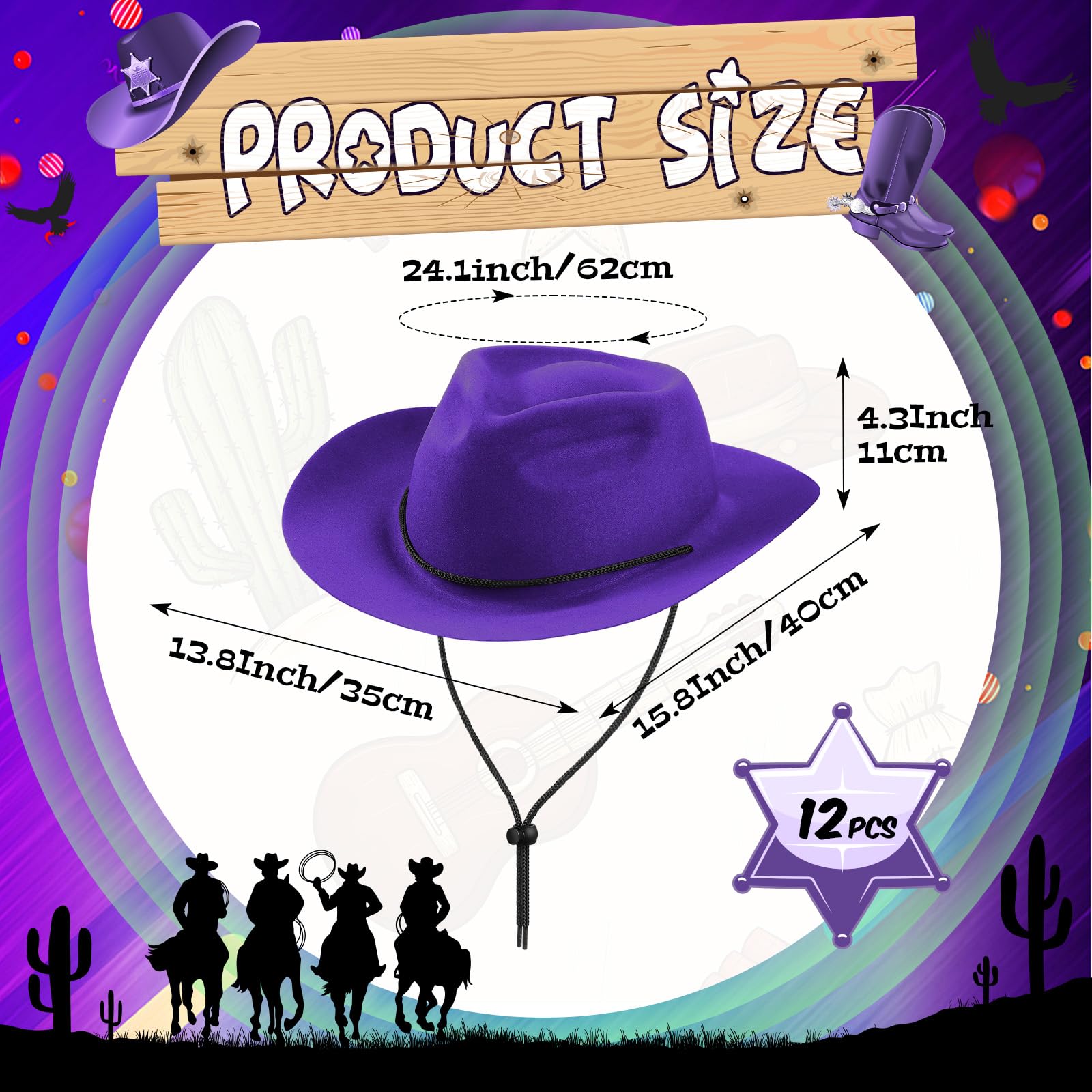 Hicarer Set di 12 cappelli da cowboy usa e getta in plastica, per feste, in feltro, a tesa larga, per uomini e donne