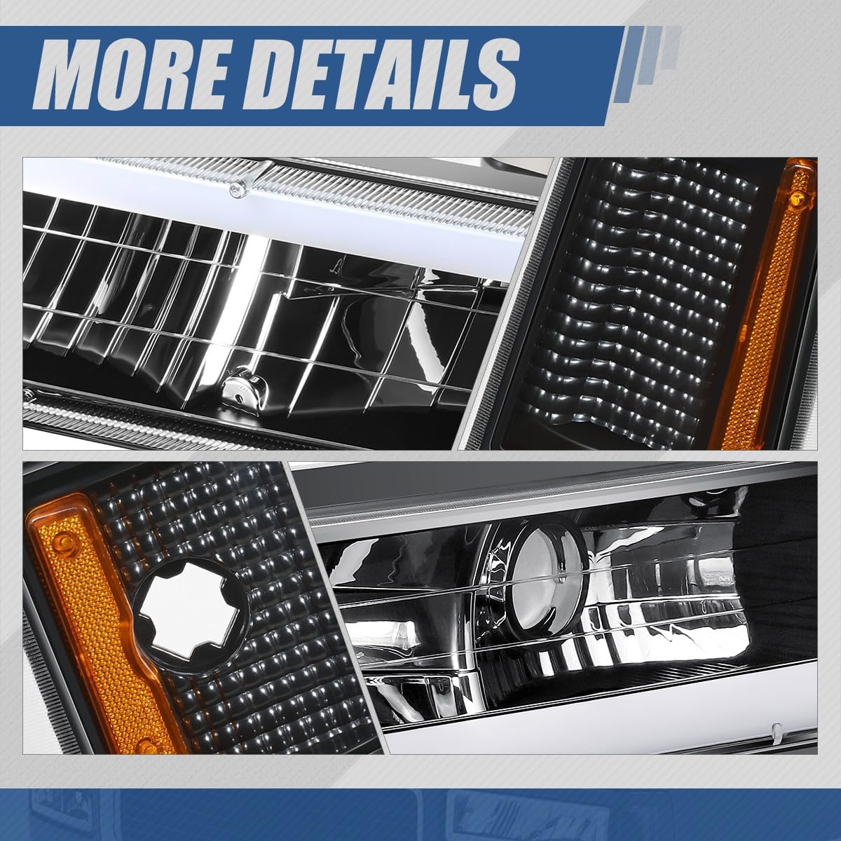 Auto Dynasty LED DRL Headlights Assembly Compatible with 1994-2000 GMC C/K Series Yukon Suburban, 8Pcs Headlamps Replacement w/Bumper Lamps, Box-Style LED Switchback DRL, Black Housing Amber Corner