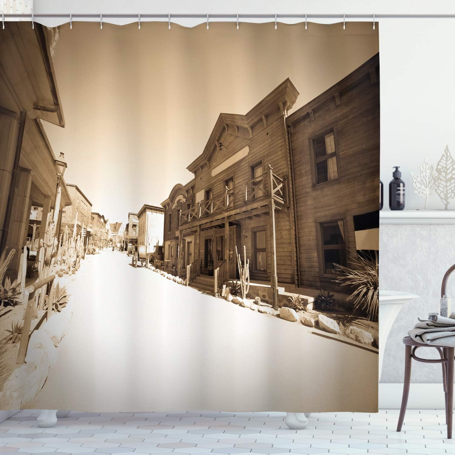 Ambesonne Western Shower Curtain, Vintage Photo of Far West Town Cowboy Village Historical Wooden Anicent Building Print, Cloth Fabric Bathroom Decor Set with Hooks, 69" W x 75" L, Sepia