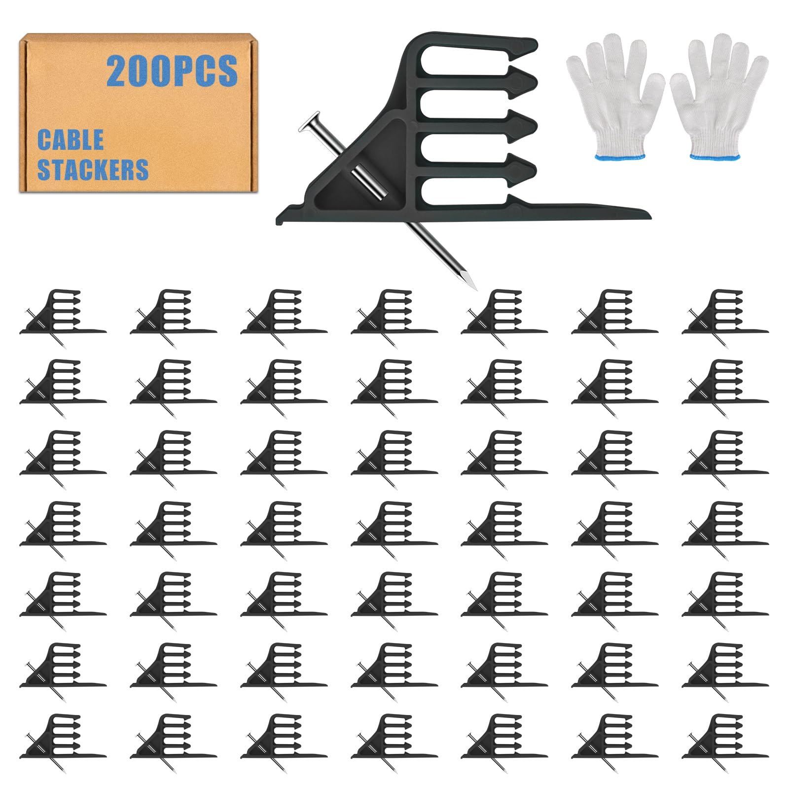 Apiladores de cables, 200 unidades, clips de grapadora de cables con clavos de acero, apiladores de cables eléctricos multiusos, grapas aisladas para la mayoría de los tipos de cables, fácil de